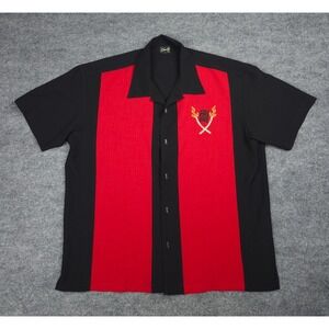 STEADY Shirt Mens Large Red Black TIKI Button Up Bowling Button Short Sleeve USA